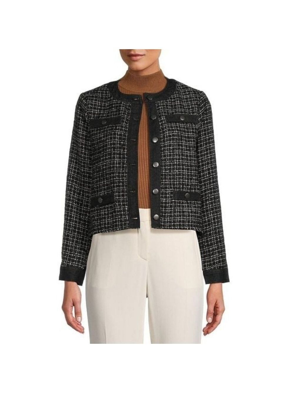 NWT Ecru Black Silver Tweed Denim Trim Blazer Jacket